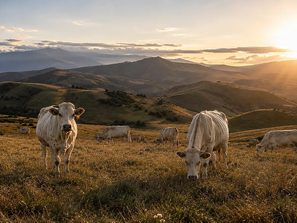 Bovini bianchi al pascolo sulle colline della provincia di Pescara